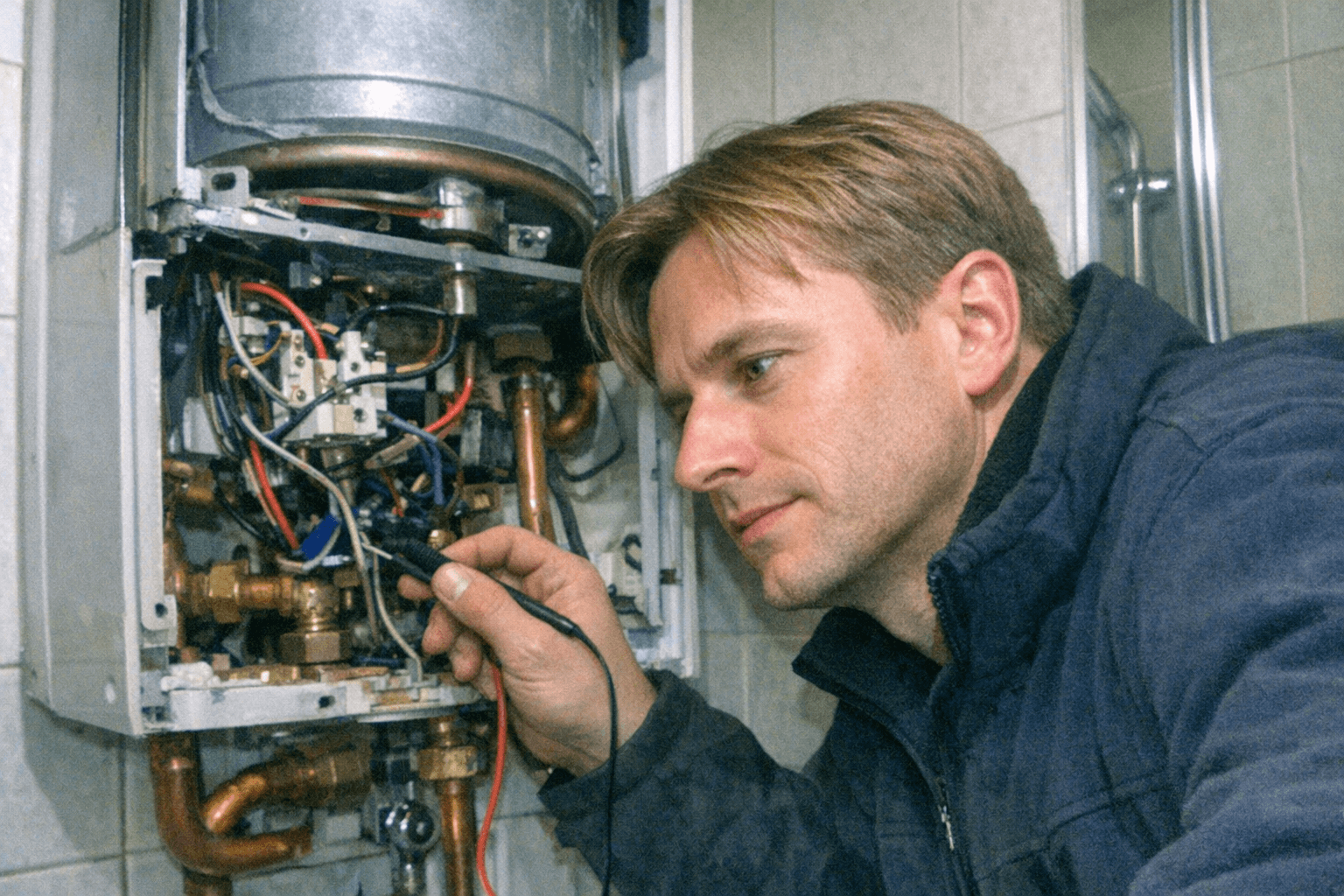 Techniker öffnet ein Warmwassergerät und prüft Bauteile mit Taschenlampe