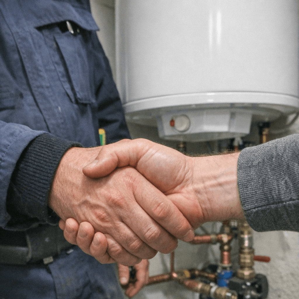 Techniker erläutert dem Kunden im Flur den Ablauf anhand eines Auftragsplans
