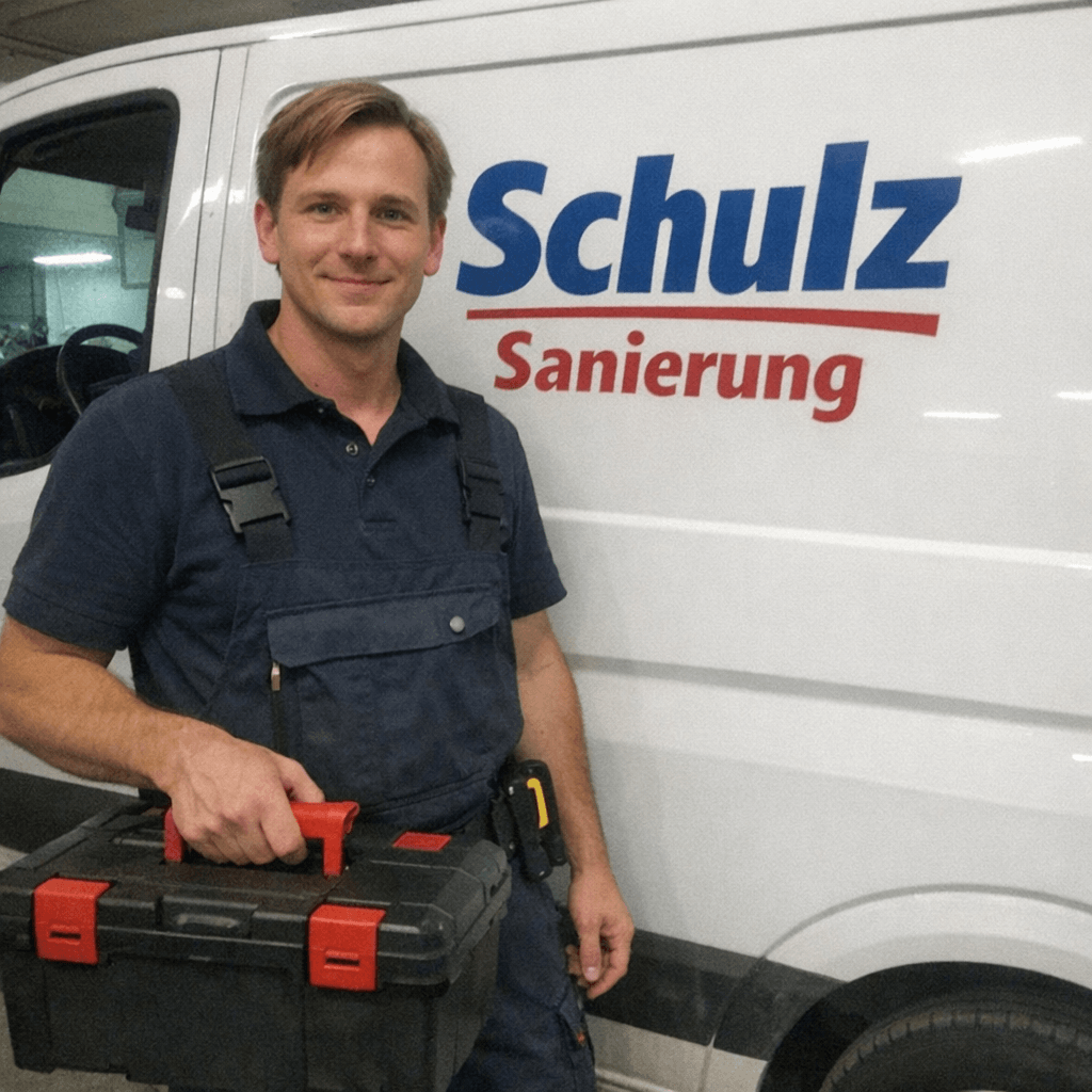 Monteur mit Werkzeugkoffer vor Servicefahrzeug in einer ruhigen Straße in Windhagen