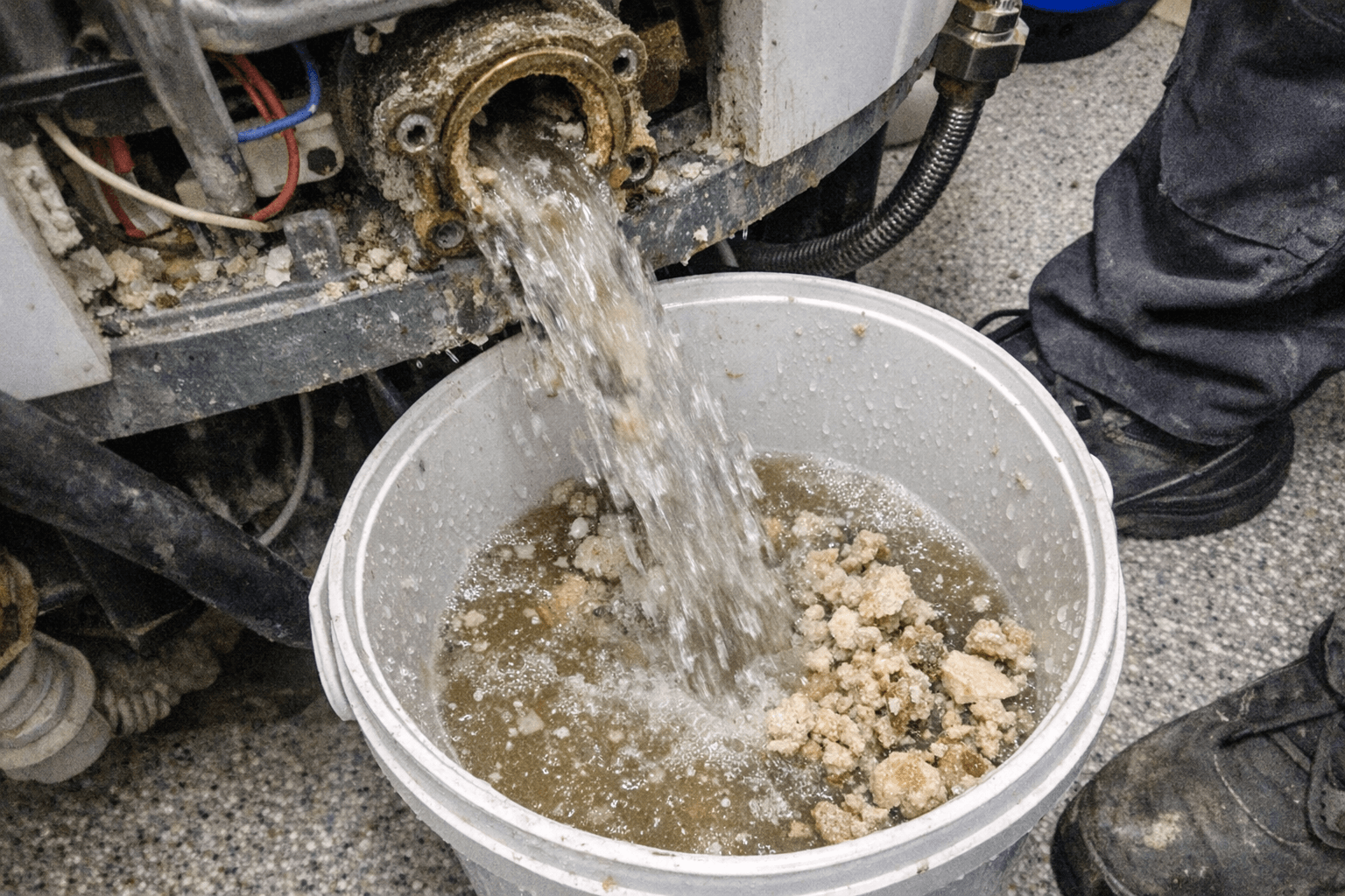 Behälter und Werkzeug für die Reinigung eines verkalkten Warmwassergeräts im Technikraum