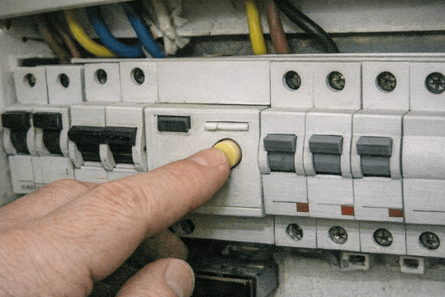 Geöffneter Sicherungskasten während einer elektrischen Kontrolle im Wohnungsflur
