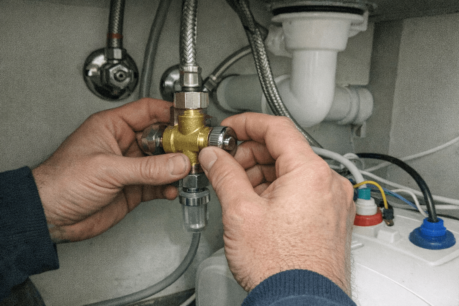Nahaufnahme einer Hand, die mit Werkzeug einen Wasseranschluss auf Dichtheit kontrolliert