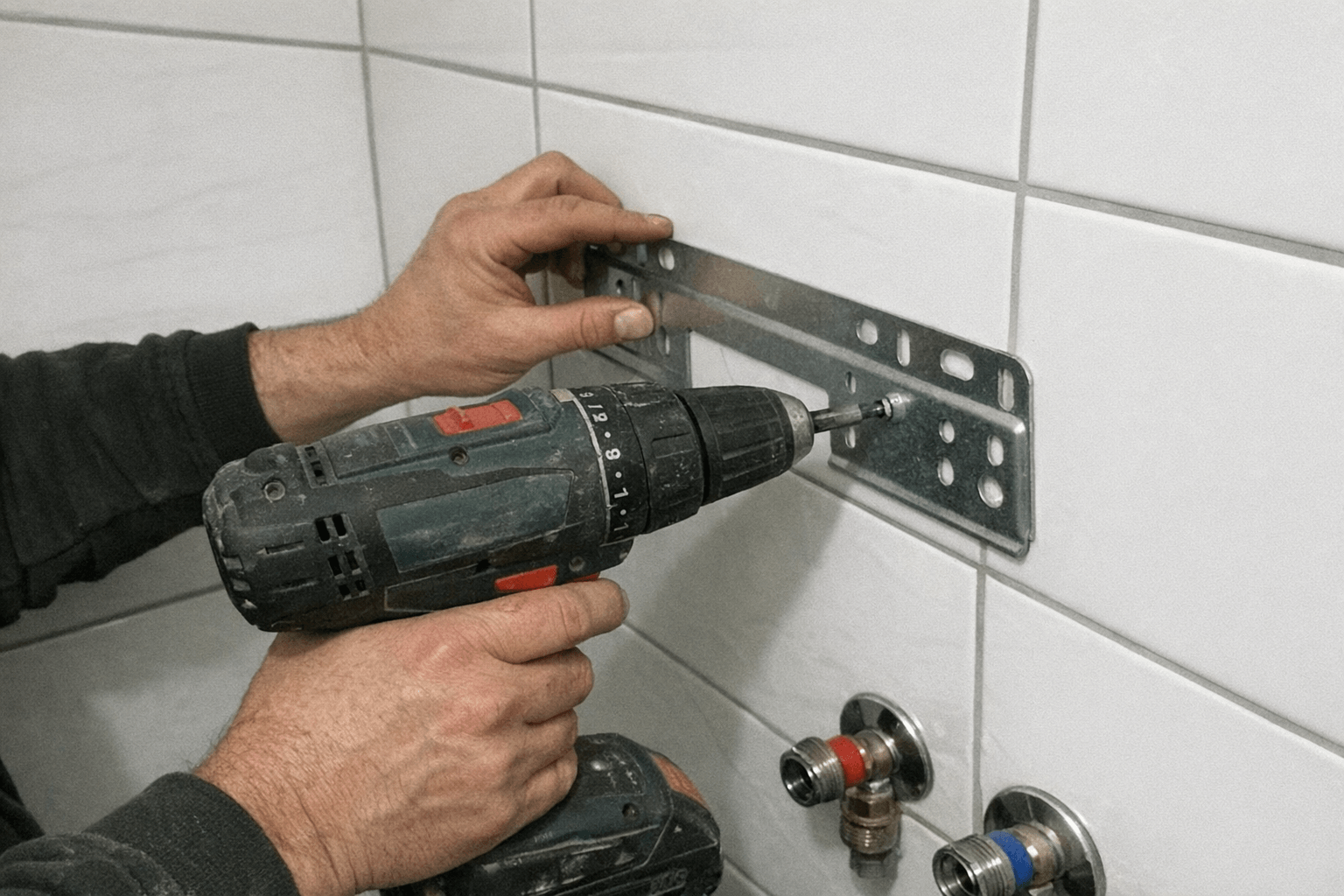 Neues Warmwassergerät wird an einer gefliesten Badezimmerwand befestigt