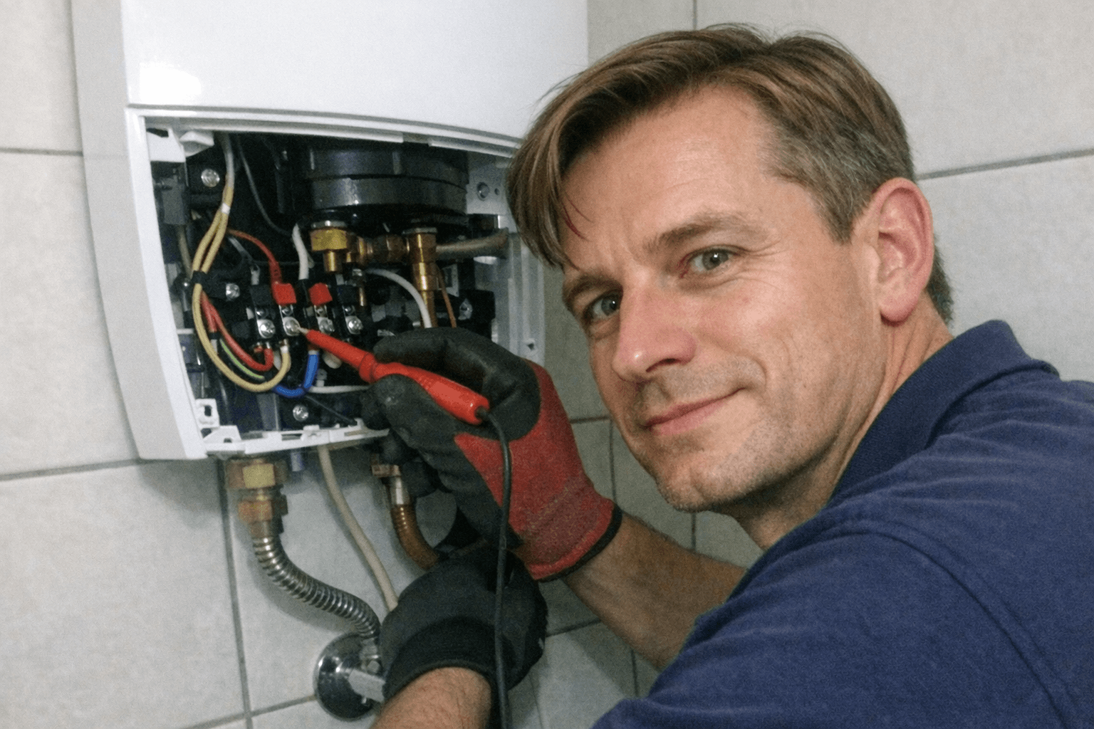 Techniker prüft Wasseranschlüsse unter einem Waschbecken mit geöffnetem Werkzeugkasten