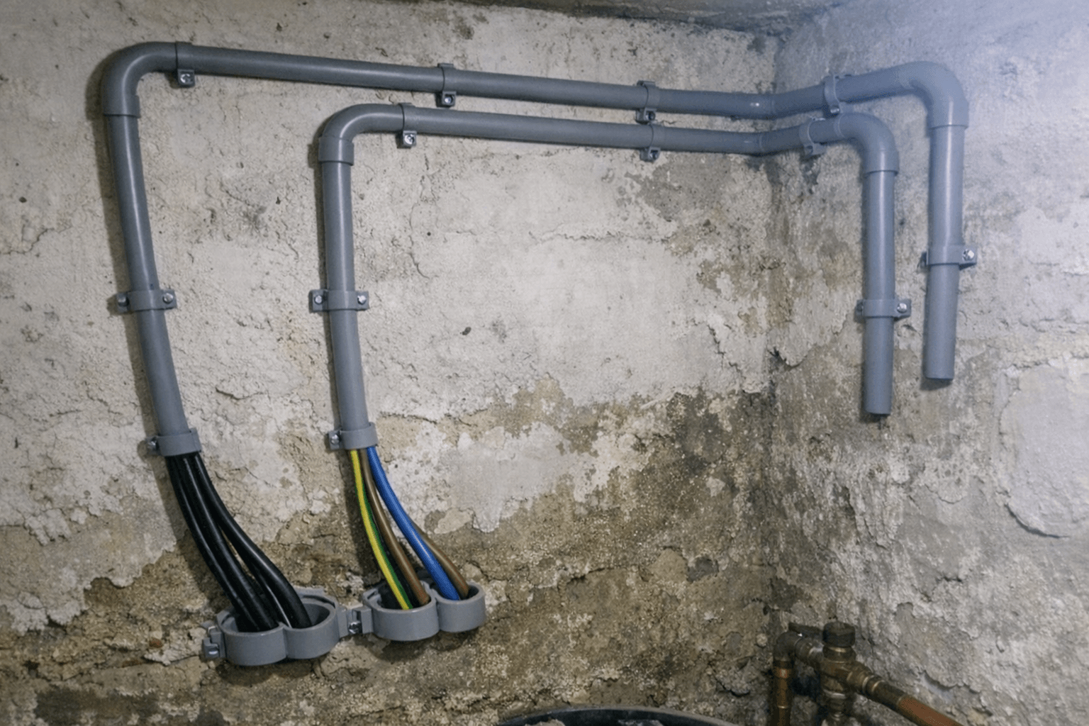 Elektriker verlegt neue Leitungen entlang einer Badezimmerwand mit geöffnetem Installationskanal