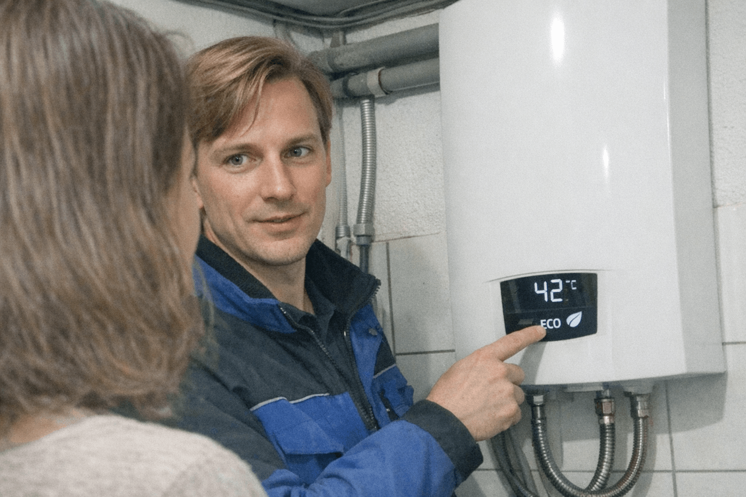 Handwerker erklärt einer Kundin die Bedienung des frisch installierten Geräts